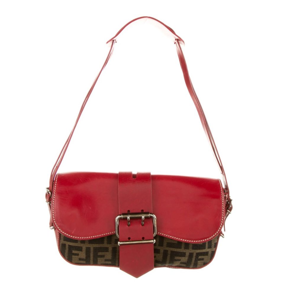 FENDI Vintage Red-Leather Trimmed Zucca Baguette Retail 4500